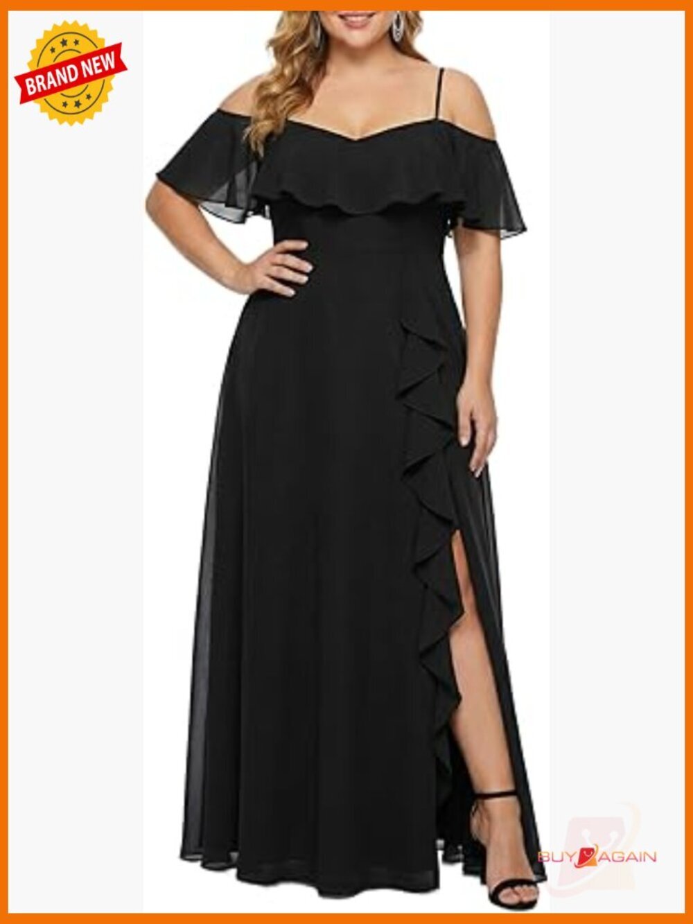 Plus Size Off Shoulder Chiffon High Slit Ruffle Formal Maxi Dress